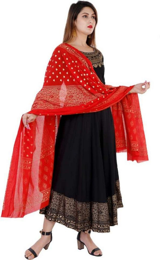 Black Flared Foil Print Dress with Dupatta