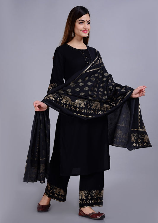 Black Straight Solid Kurta with Pant and Dupatta