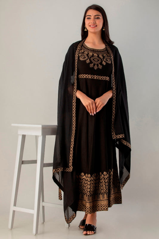 Black Gown Solid Dress with Dupatta