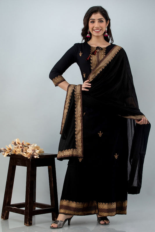 Black Straight Solid Kurta with Palazzo and Dupatta