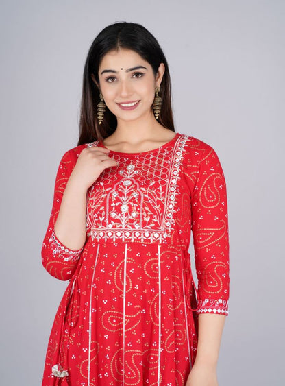 Red Bandhani Print Embroidered Gown