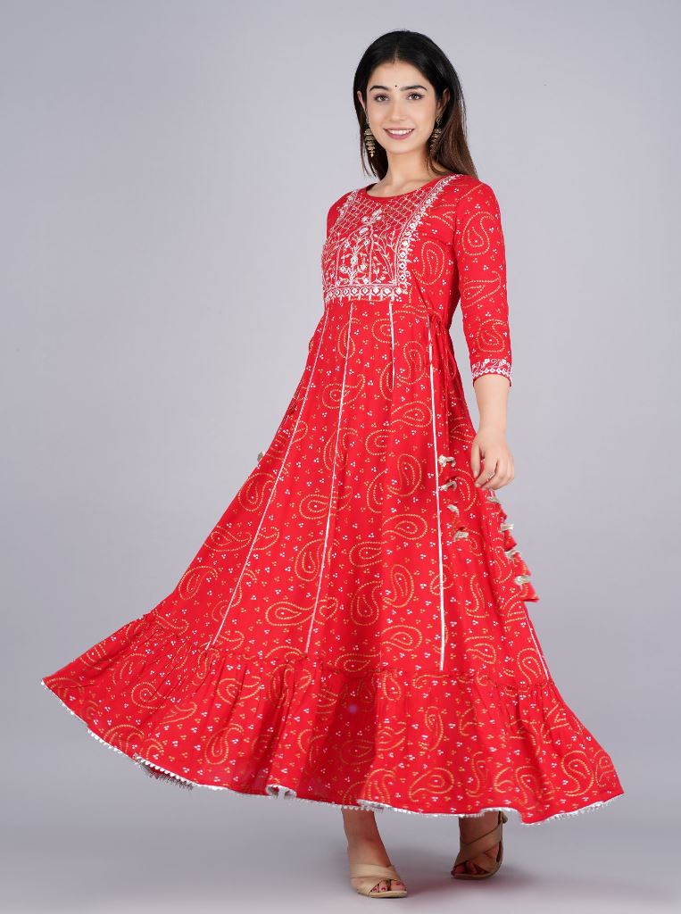 Red Bandhani Print Embroidered Gown