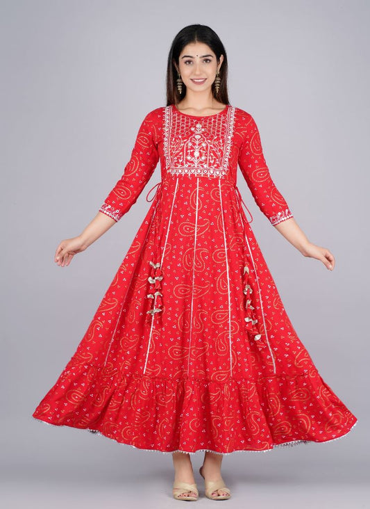 Red Bandhani Print Embroidered Gown