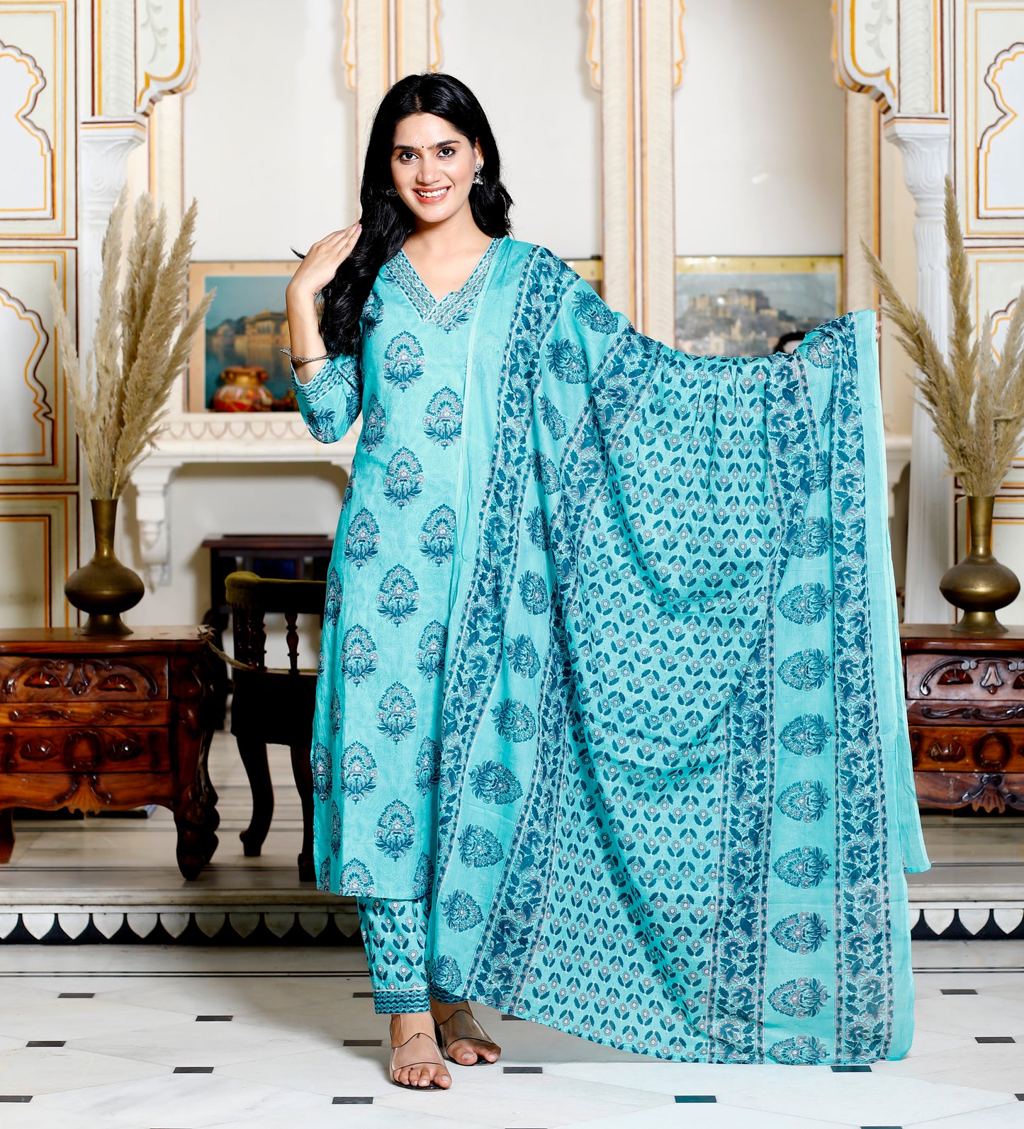 Rama Green Colour Designer Printed Kurta with Pant and Dupatta