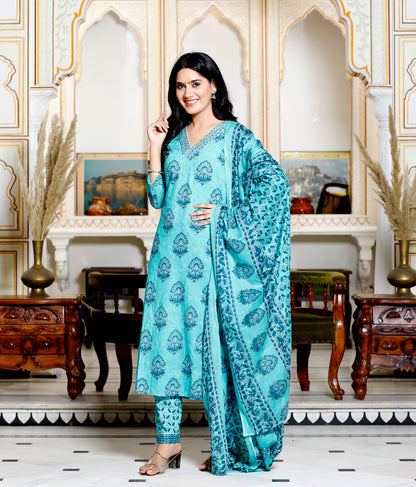 Rama Green Colour Designer Printed Kurta with Pant and Dupatta