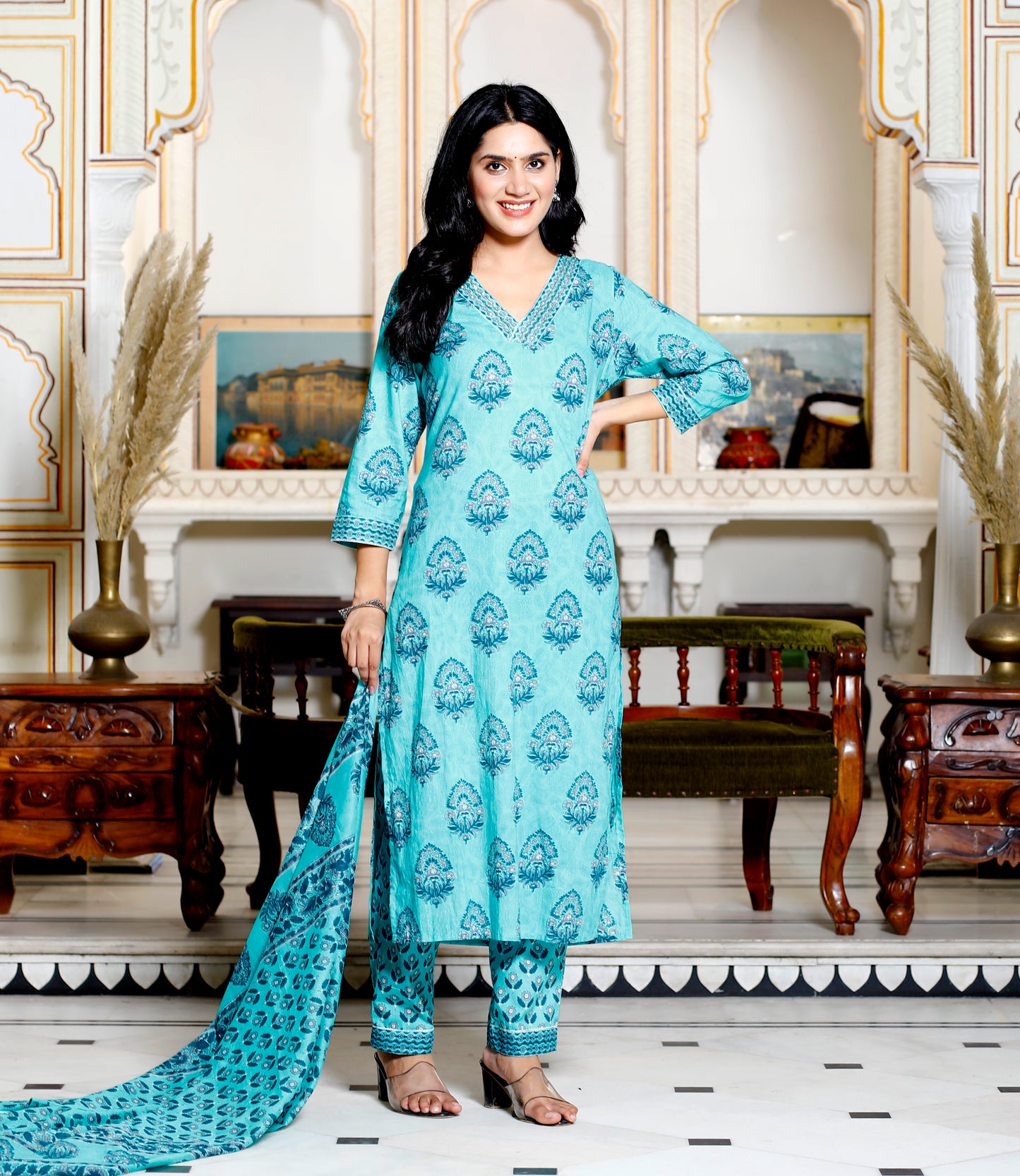 Rama Green Colour Designer Printed Kurta with Pant and Dupatta