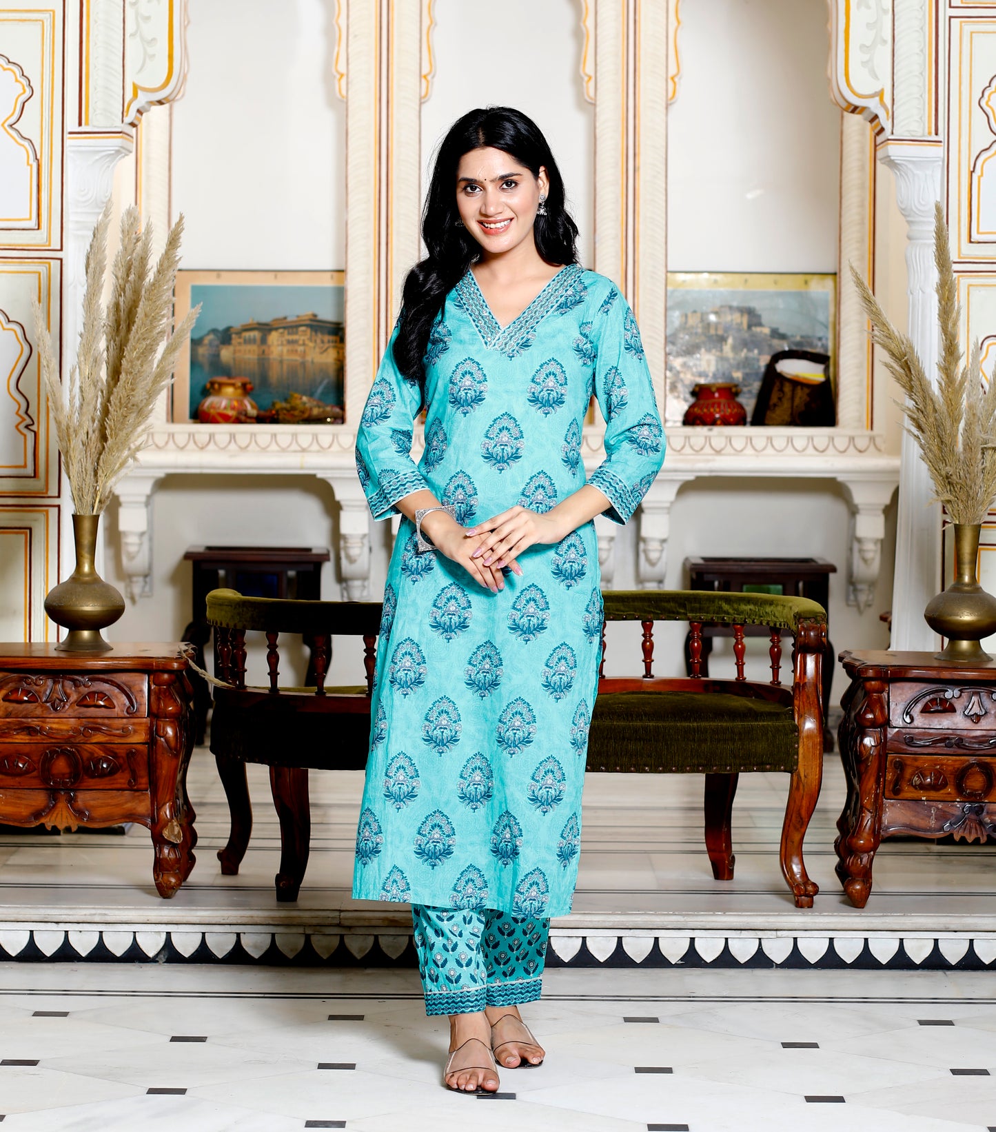 Rama Green Colour Designer Printed Kurta with Pant and Dupatta