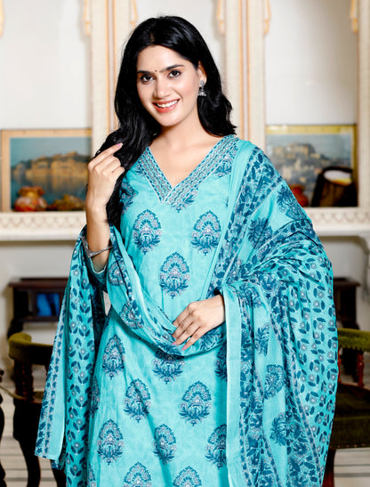 Rama Green Colour Designer Printed Kurta with Pant and Dupatta