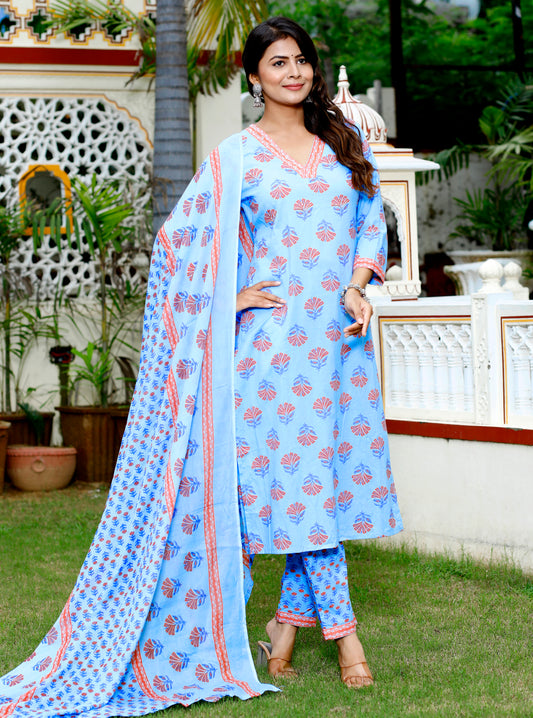 Blue Straight Printed Kurta with Pant and Dupatta