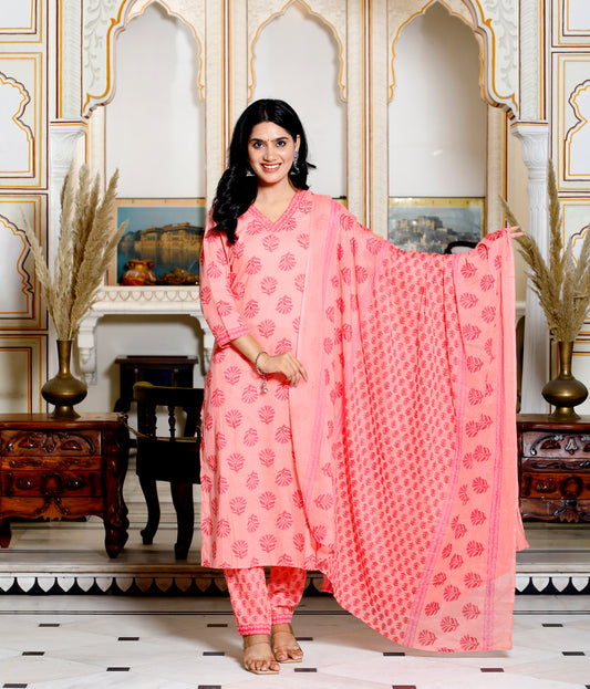 Peach Straight Printed Kurta with Pant and Dupatta