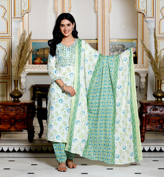 Green Colour Designer Printed Kurta with Pant and Dupatta