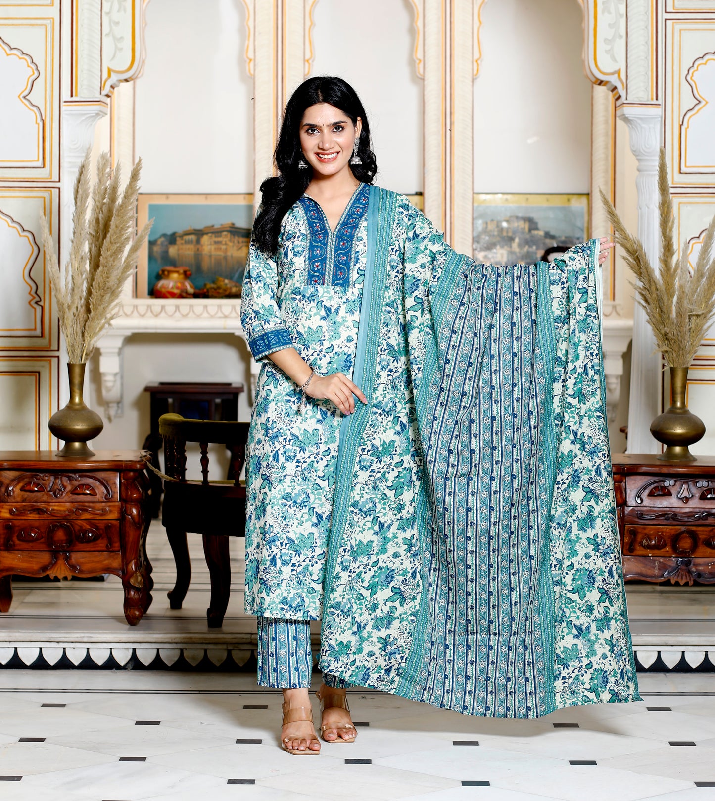 Green Colour Designer Printed Kurta with Pant and Dupatta