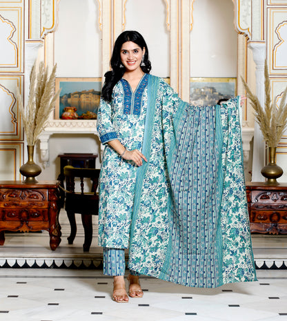 Green Colour Designer Printed Kurta with Pant and Dupatta