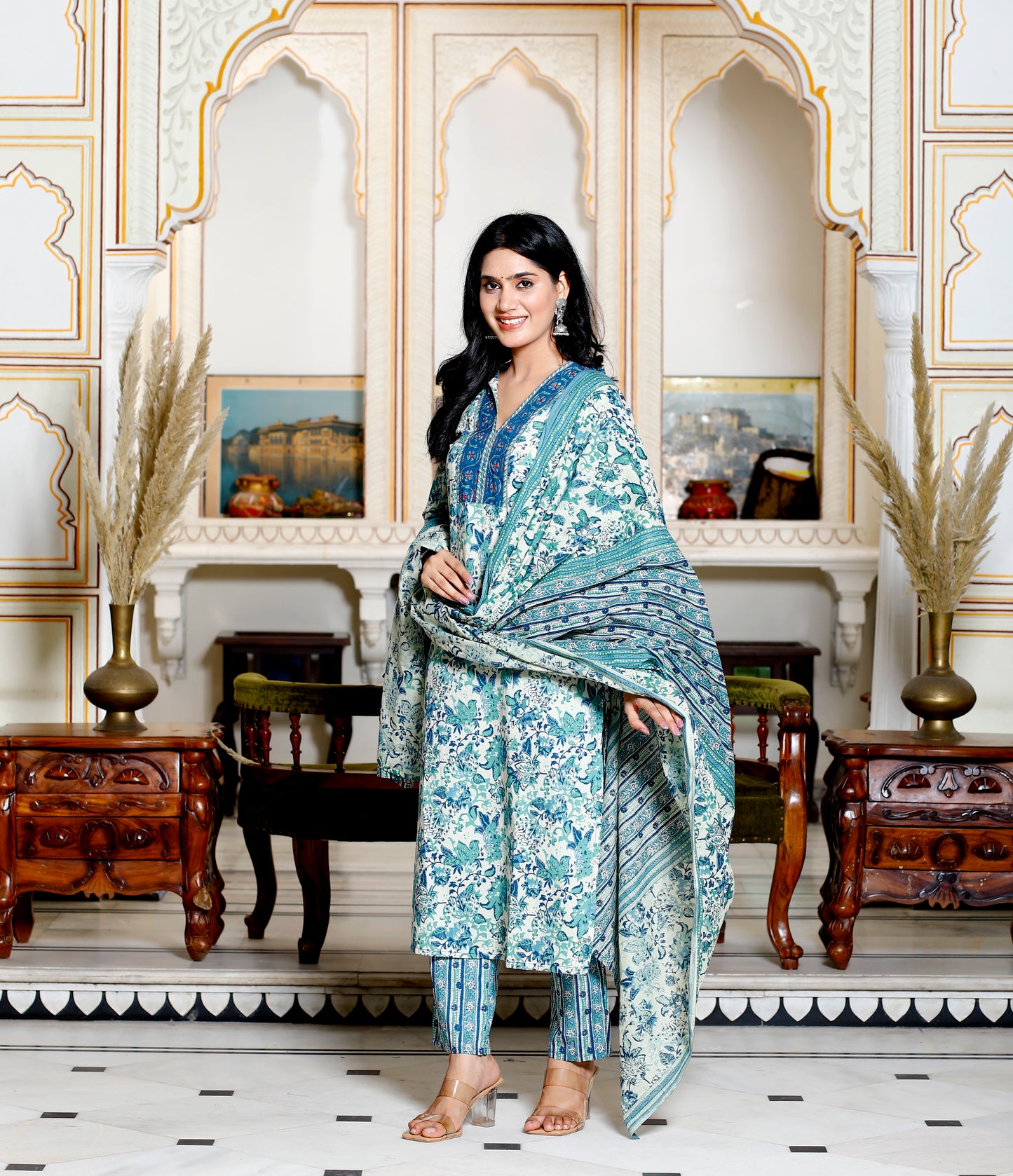 Green Colour Designer Printed Kurta with Pant and Dupatta