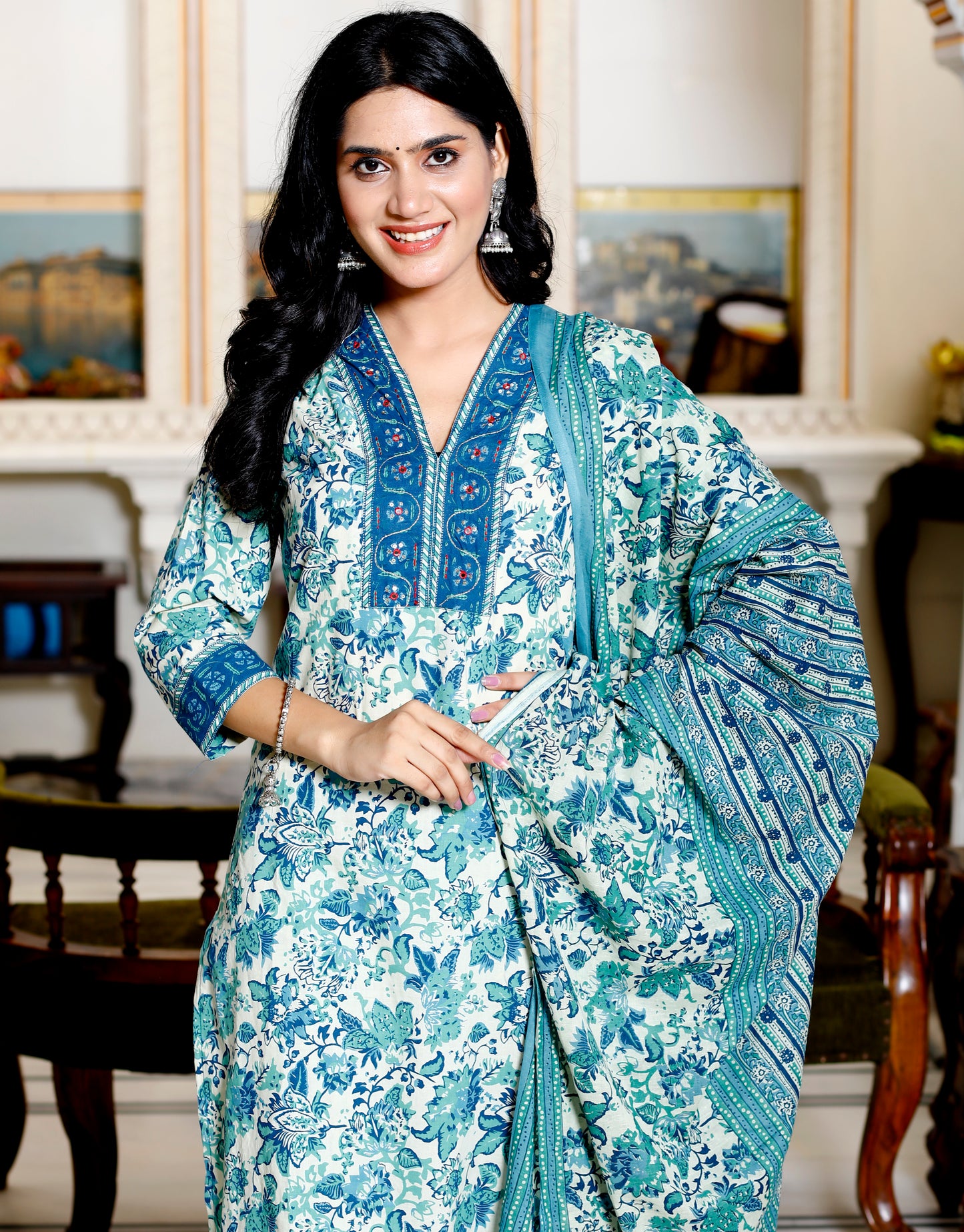 Green Colour Designer Printed Kurta with Pant and Dupatta