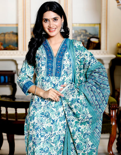 Green Colour Designer Printed Kurta with Pant and Dupatta