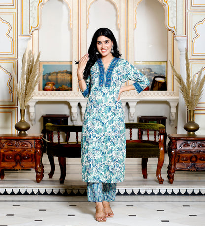 Green Colour Designer Printed Kurta with Pant and Dupatta