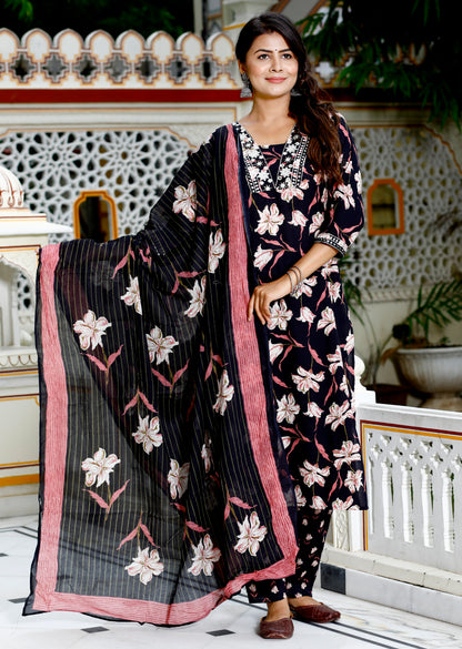 Black Colour Designer Printed Kurta with Pant and Dupatta