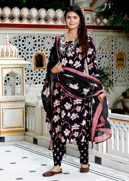 Black Colour Designer Printed Kurta with Pant and Dupatta