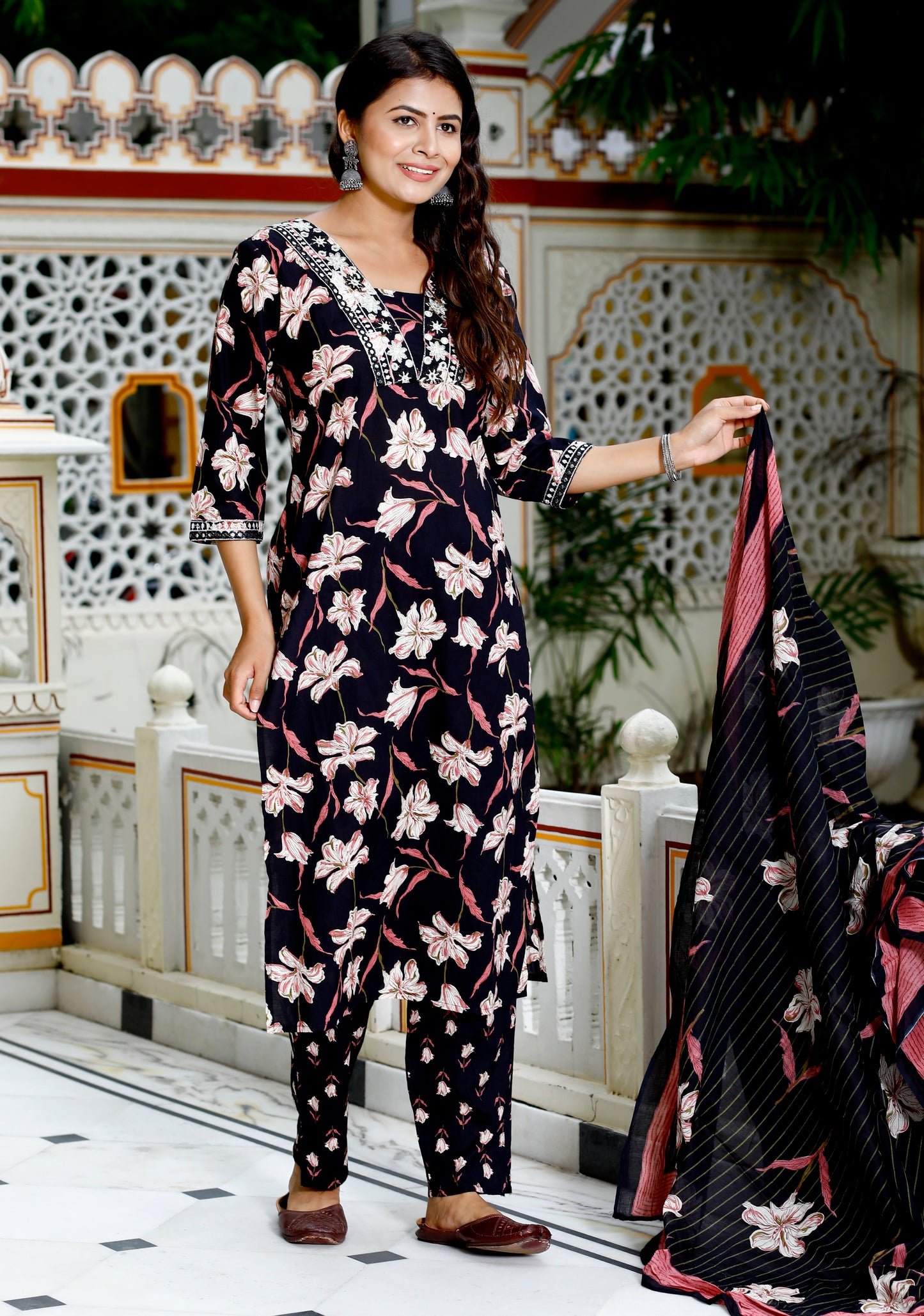 Black Colour Designer Printed Kurta with Pant and Dupatta