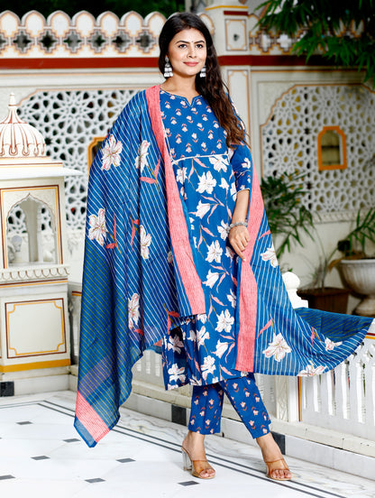 Blue Colour Designer Printed Kurta with Pant and Dupatta