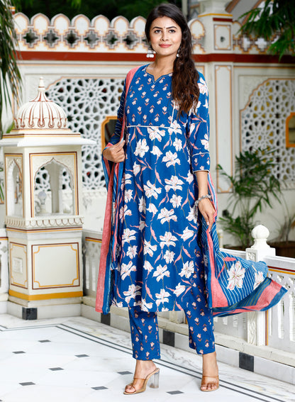 Blue Colour Designer Printed Kurta with Pant and Dupatta