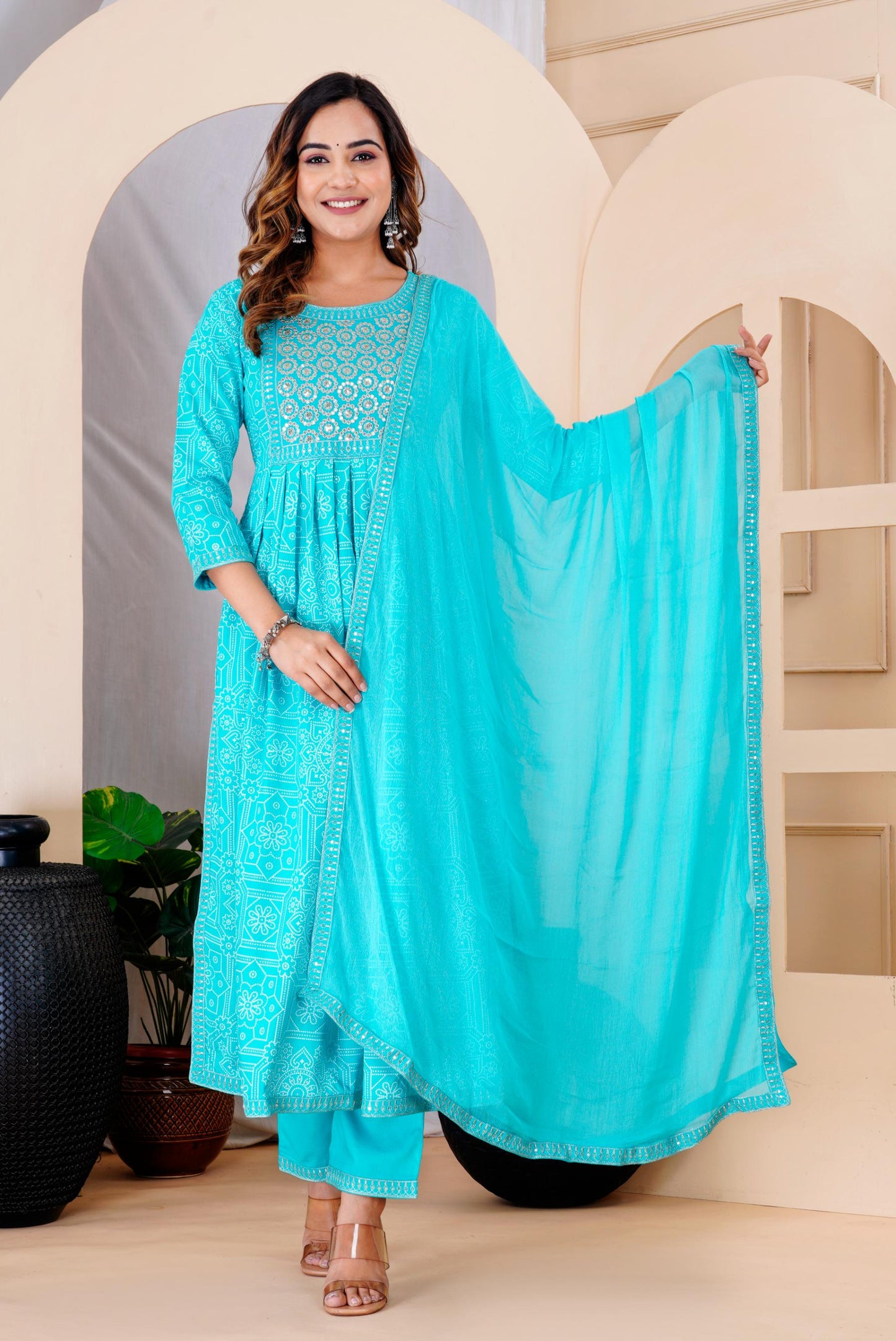 Turquois Colour Designer Printed Kurta with Pant and Dupatta