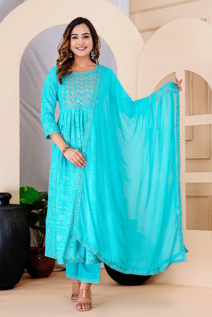 Turquois Colour Designer Printed Kurta with Pant and Dupatta