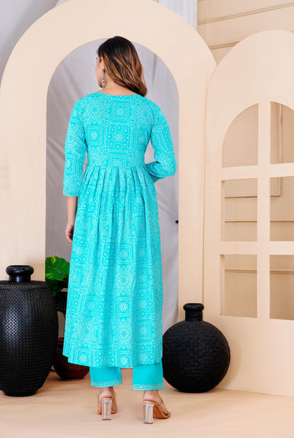 Turquois Colour Designer Printed Kurta with Pant and Dupatta