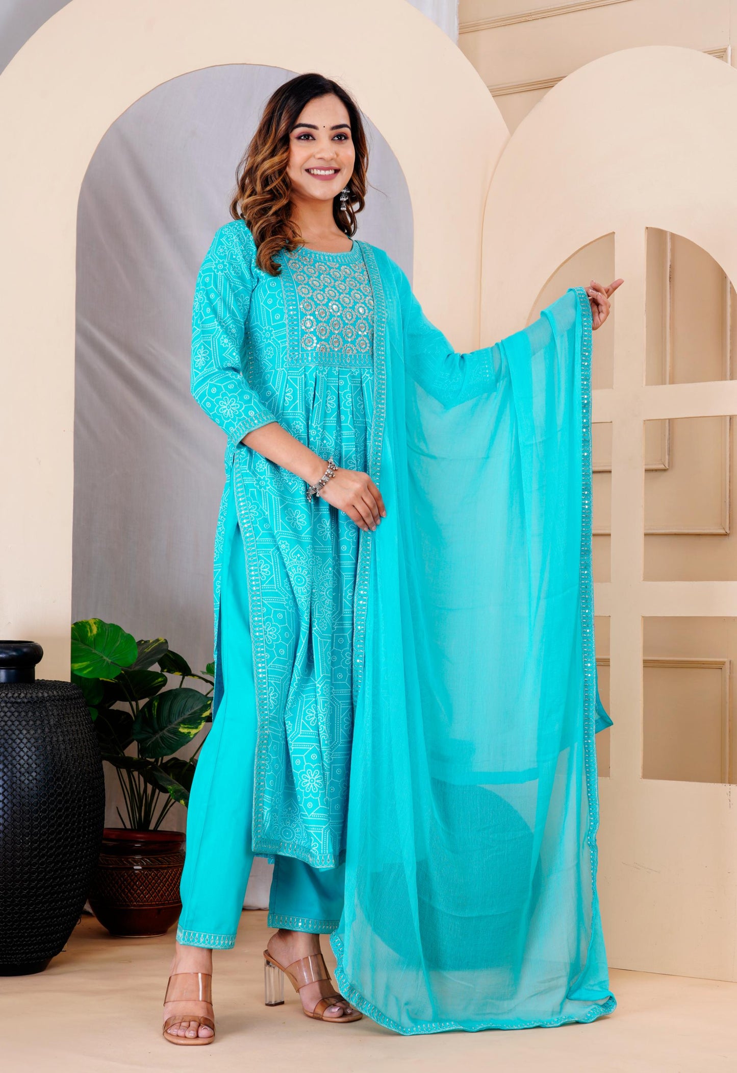 Turquois Colour Designer Printed Kurta with Pant and Dupatta