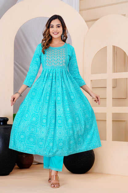 Turquois Colour Designer Printed Kurta with Pant and Dupatta