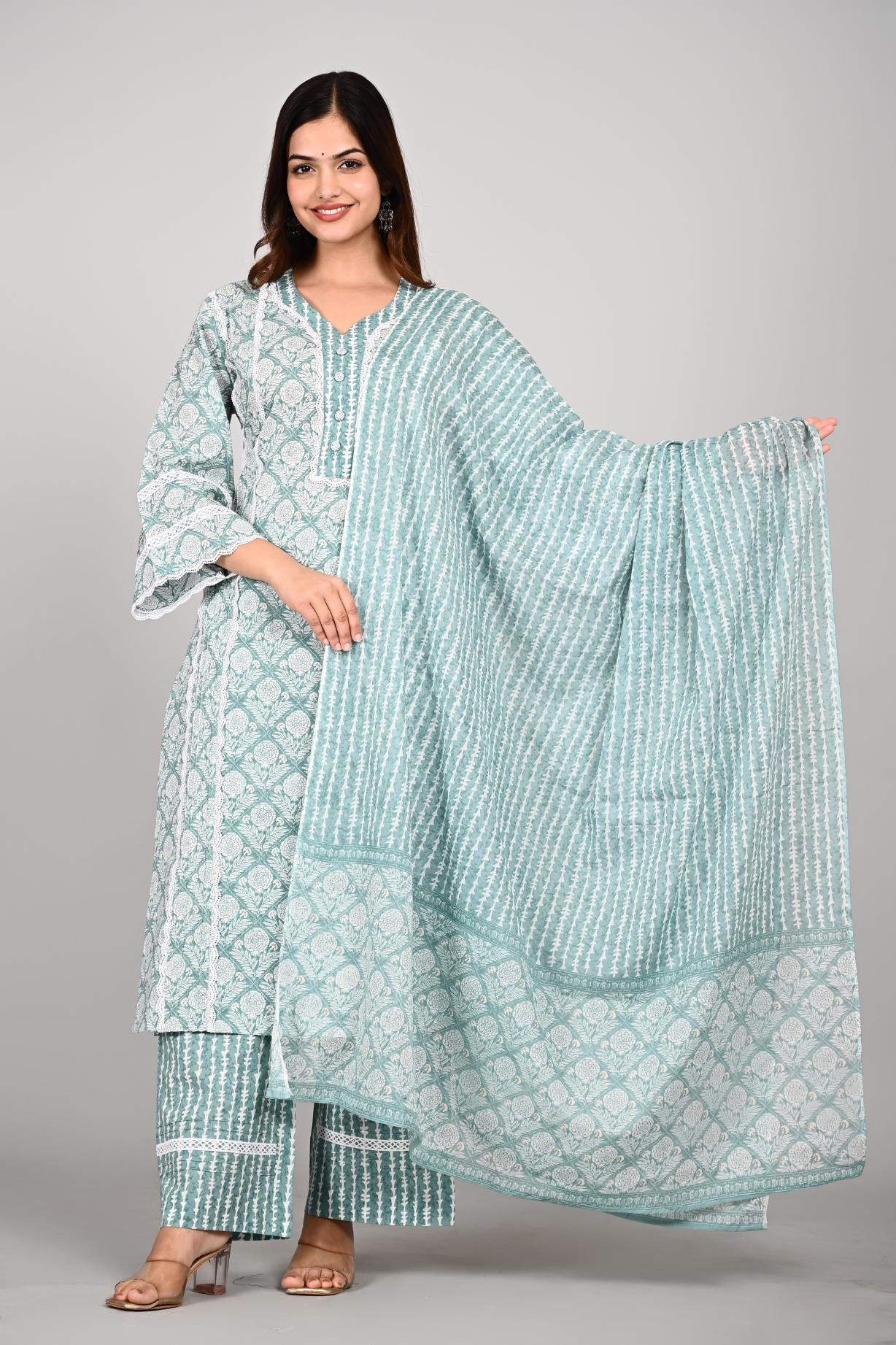 Green Colour Designer Printed Kurta with Pant and Dupatta