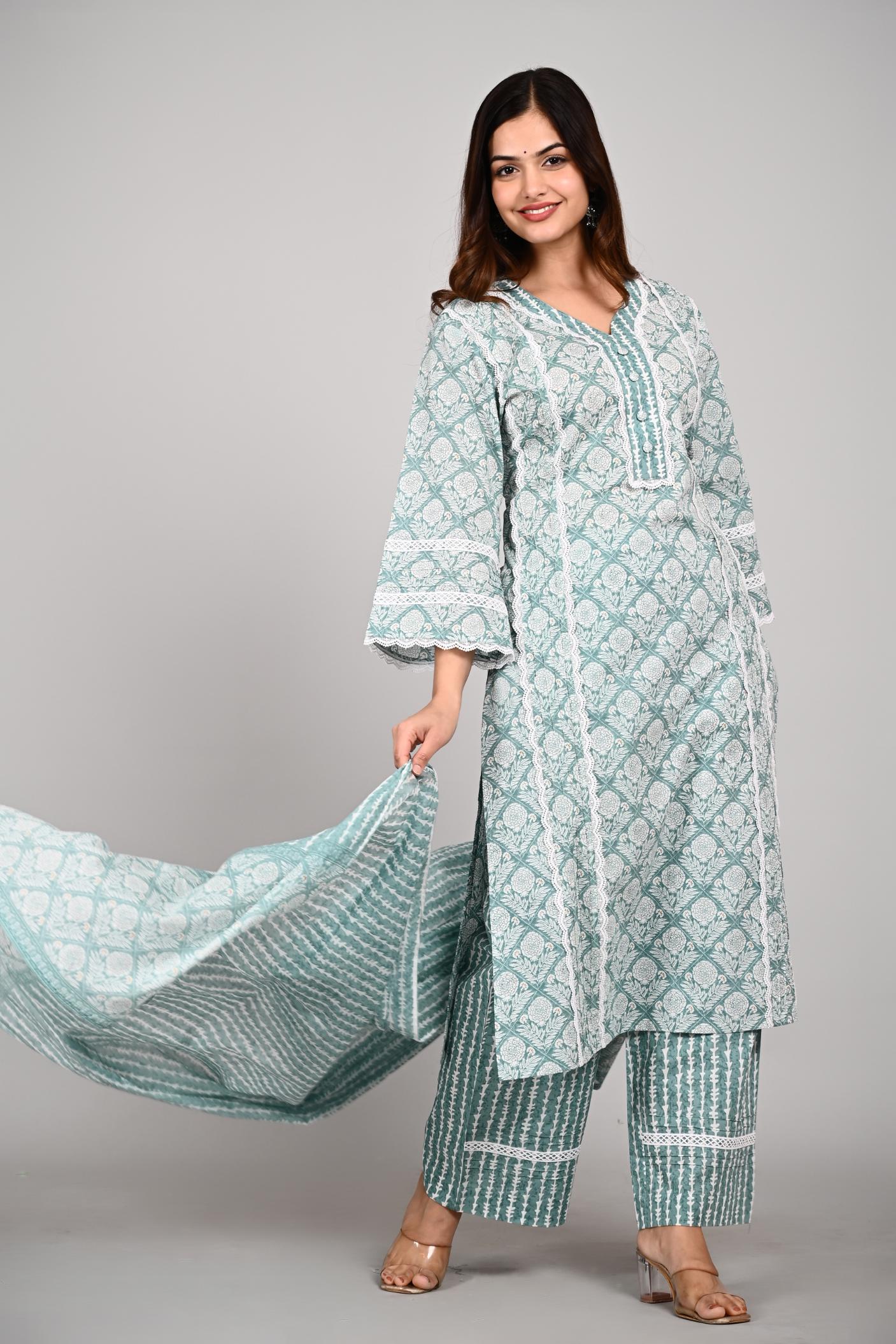 Green Colour Designer Printed Kurta with Pant and Dupatta