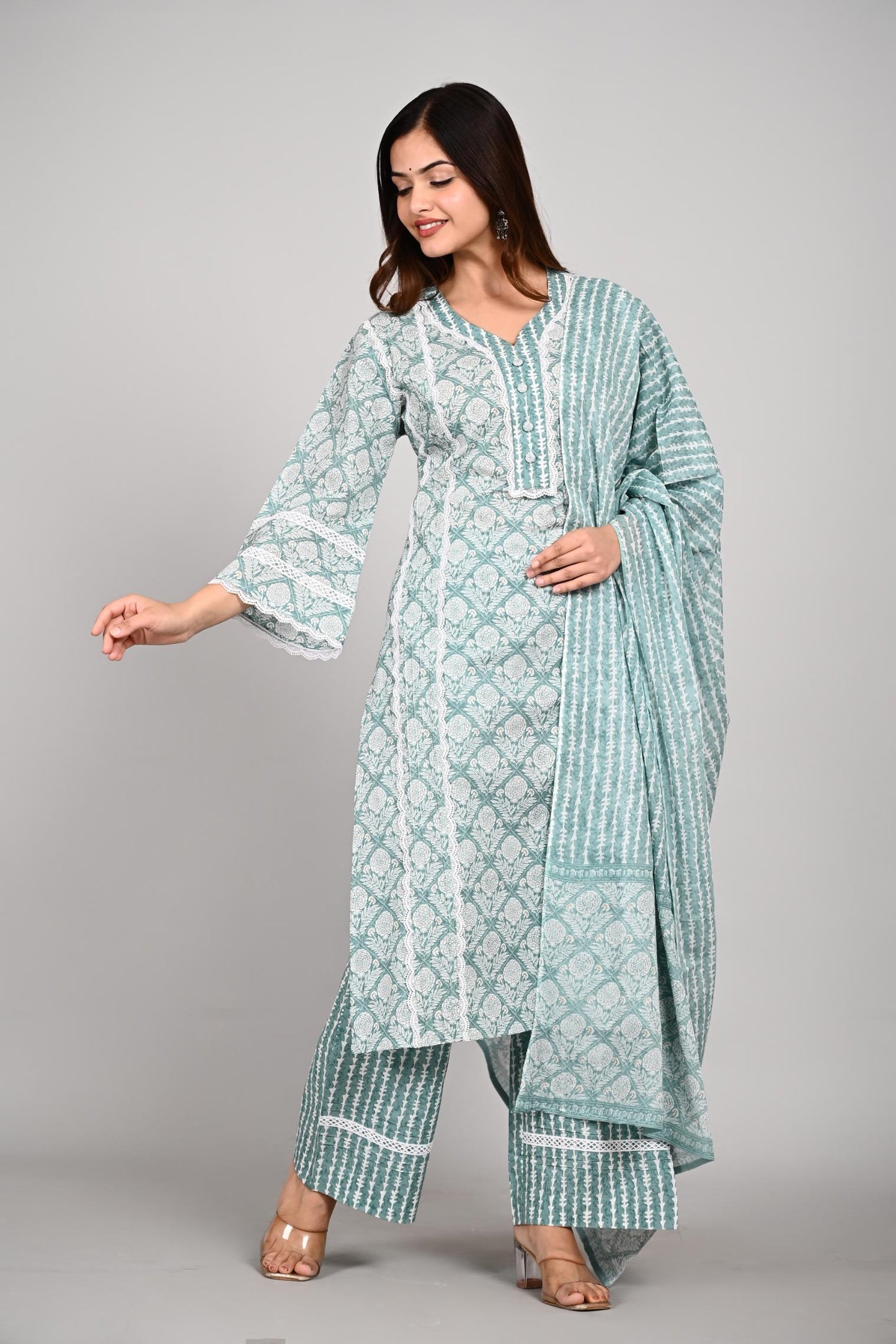 Green Colour Designer Printed Kurta with Pant and Dupatta