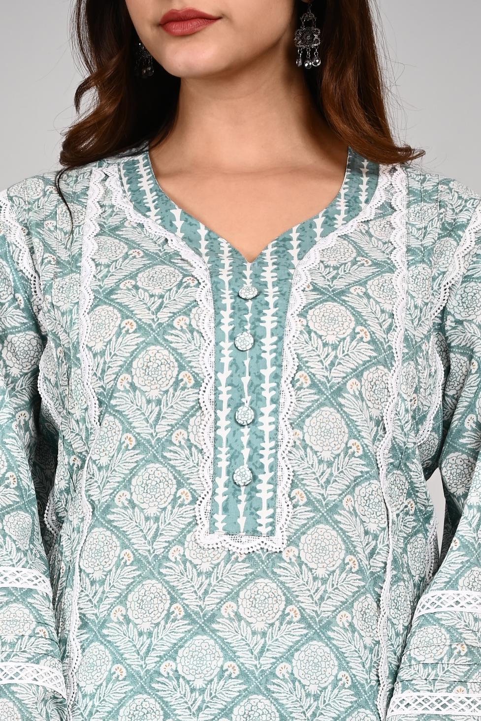 Green Colour Designer Printed Kurta with Pant and Dupatta