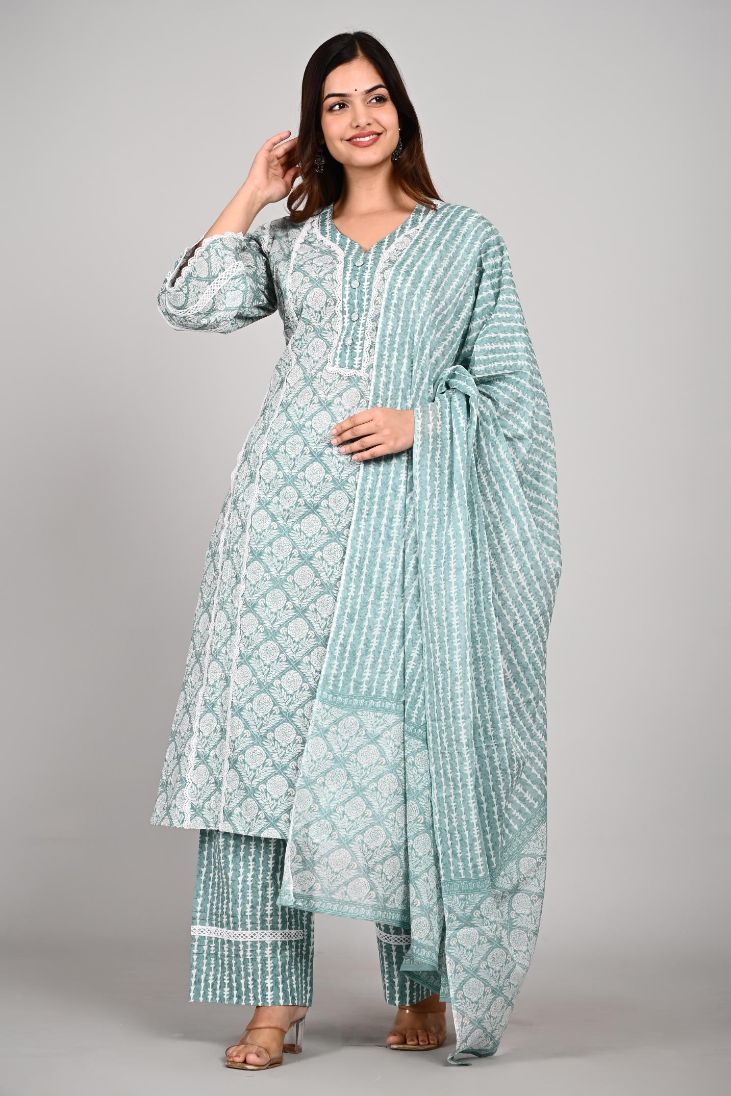 Green Colour Designer Printed Kurta with Pant and Dupatta