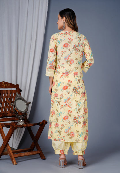 Yellow Colour Designer Printed Kurta with Pant and Dupatta