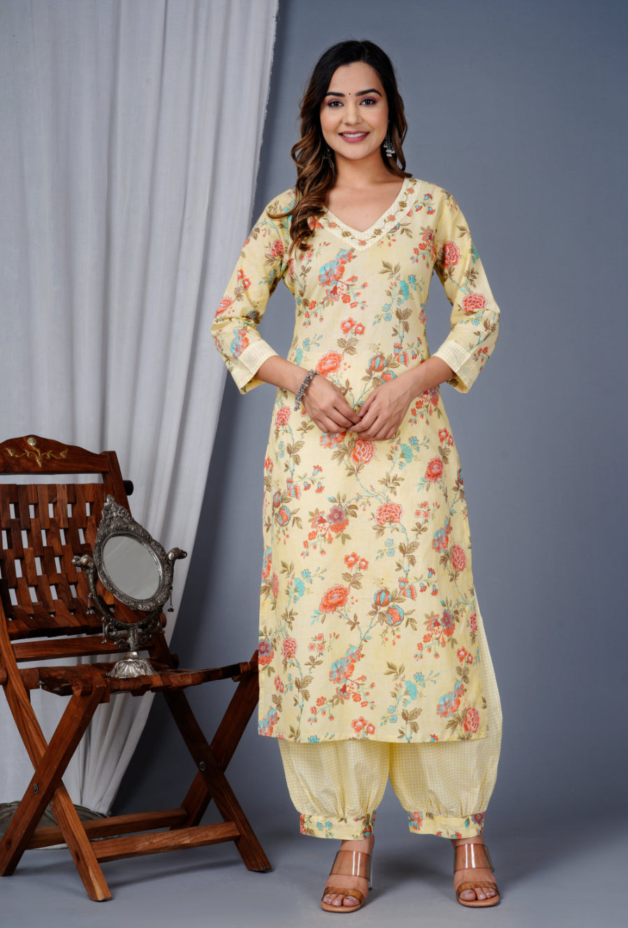 Yellow Colour Designer Printed Kurta with Pant and Dupatta