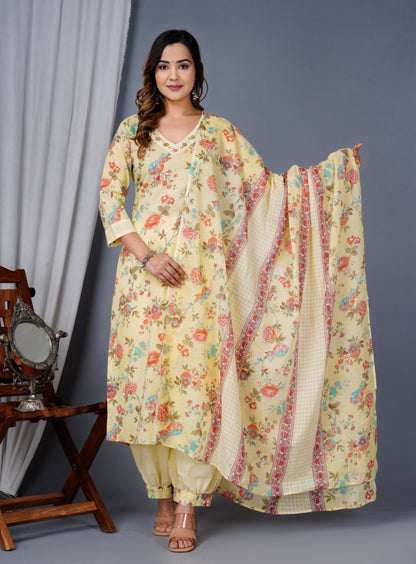 Yellow Colour Designer Printed Kurta with Pant and Dupatta