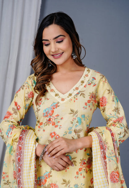 Yellow Colour Designer Printed Kurta with Pant and Dupatta