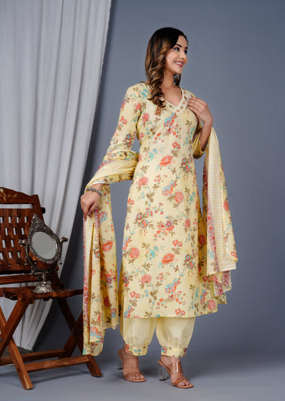 Yellow Colour Designer Printed Kurta with Pant and Dupatta