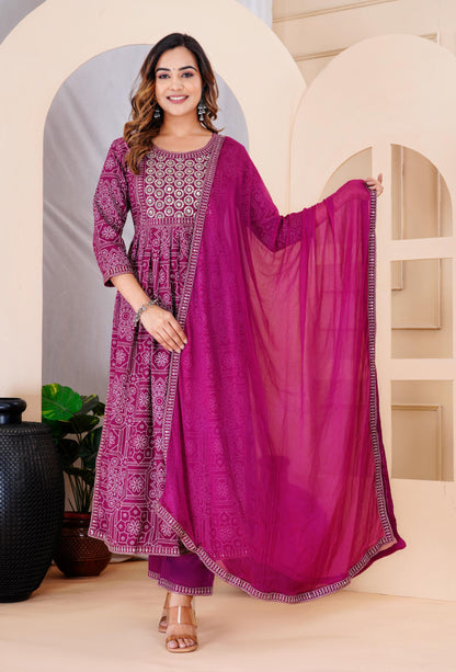 Wine Colour Designer Printed Kurta with Pant and Dupatta