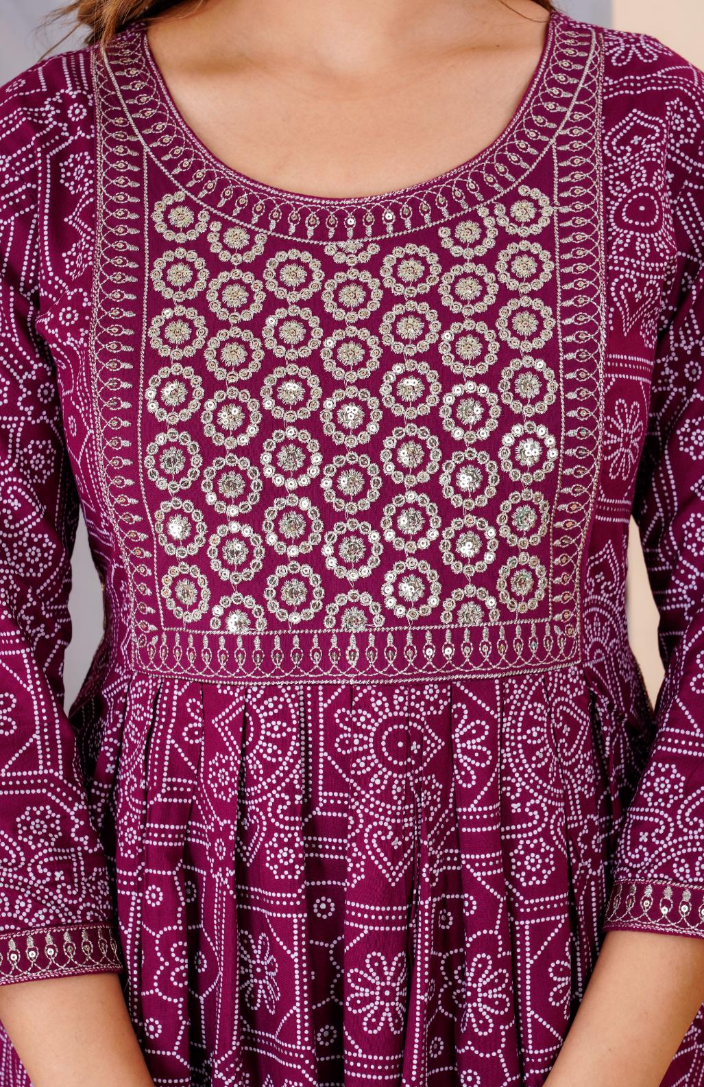 Wine Colour Designer Printed Kurta with Pant and Dupatta