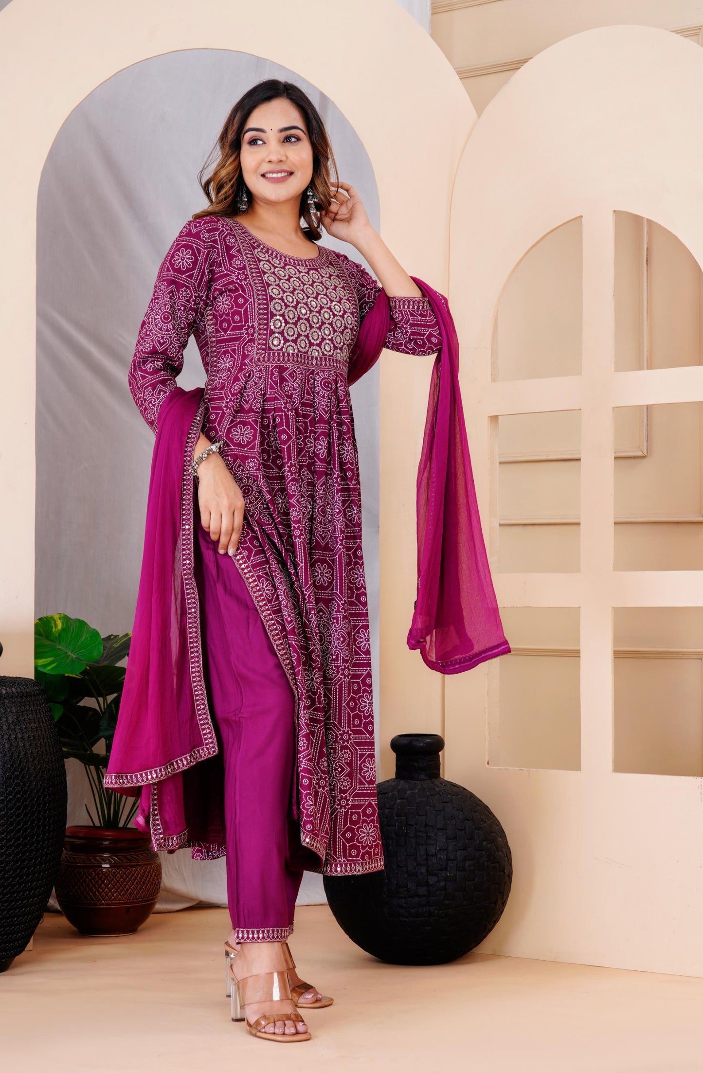 Wine Colour Designer Printed Kurta with Pant and Dupatta