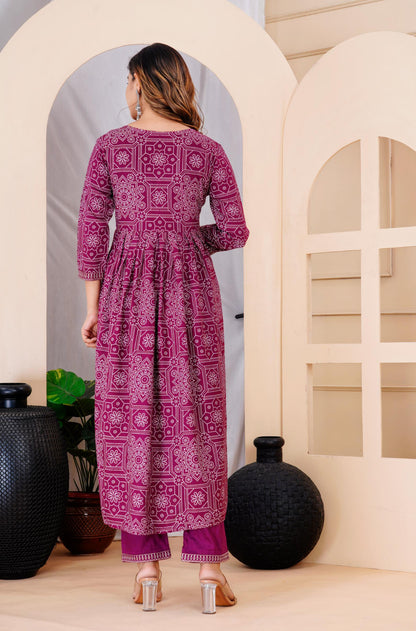 Wine Colour Designer Printed Kurta with Pant and Dupatta