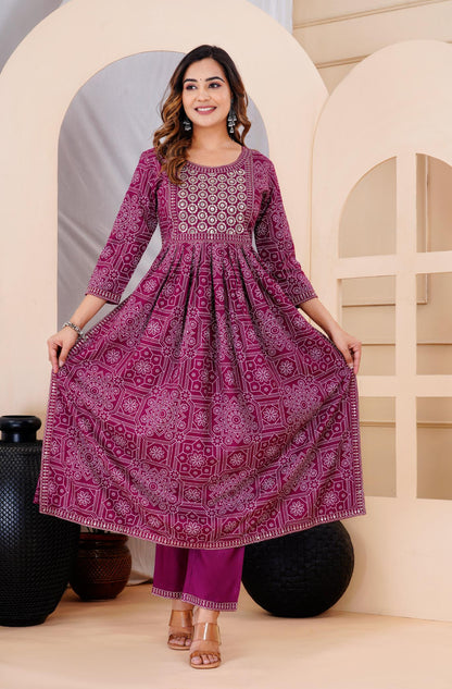 Wine Colour Designer Printed Kurta with Pant and Dupatta